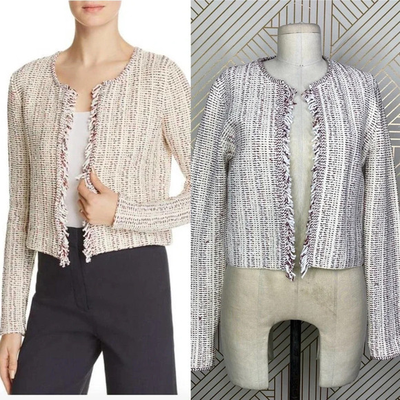 Theory Galinne Speckle Boucle‎ Knit Fringe Sweater Jacket Cream Red Size Small - Picture 1 of 12